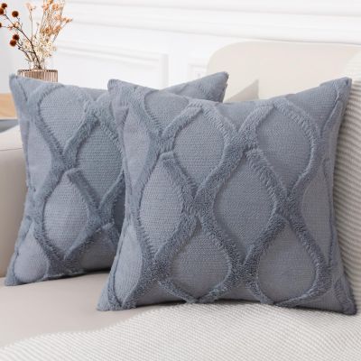 decorUhome Spring Throw Pillow Covers 20x20 Inch Set of 2, Soft Plush Faux Fur Wool Blue Grey Accent Couch Pillow Covers for Modern Farmhouse Bed Sofa Living Room
