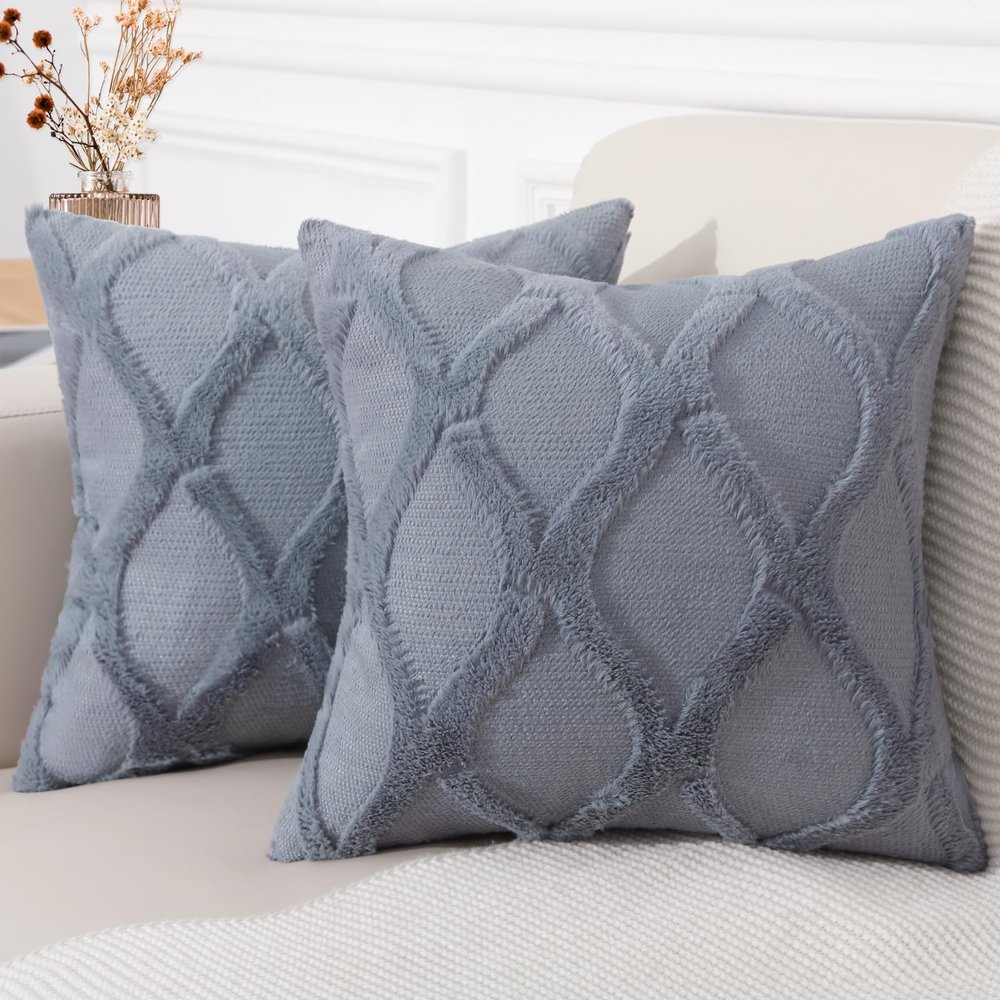 decorUhome Spring Throw Pillow Covers 20x20 Inch Set of 2, Soft Plush Faux Fur Wool Blue Grey Accent Couch Pillow Covers for Modern Farmhouse Bed Sofa Living Room