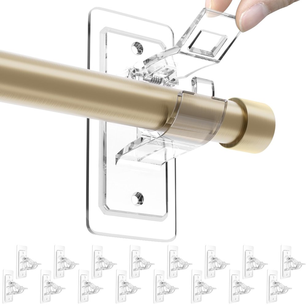 ANDGOO 16 Pack No Drill Curtain Rod Brackets, Holding Up to 17 lbs, PET Curtain Rod Holders, Adjustable Curtain Hangers for Bedroom Bathroom and Living Room