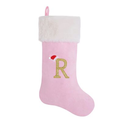 AUAWMLK 20-Inch Letter Embroidered Christmas Stocking Thick and Luxurious Pink Velvet with Super Soft Plush Cuff Personalized Festival Decoration for Xmas and New Year Party(Letter R)