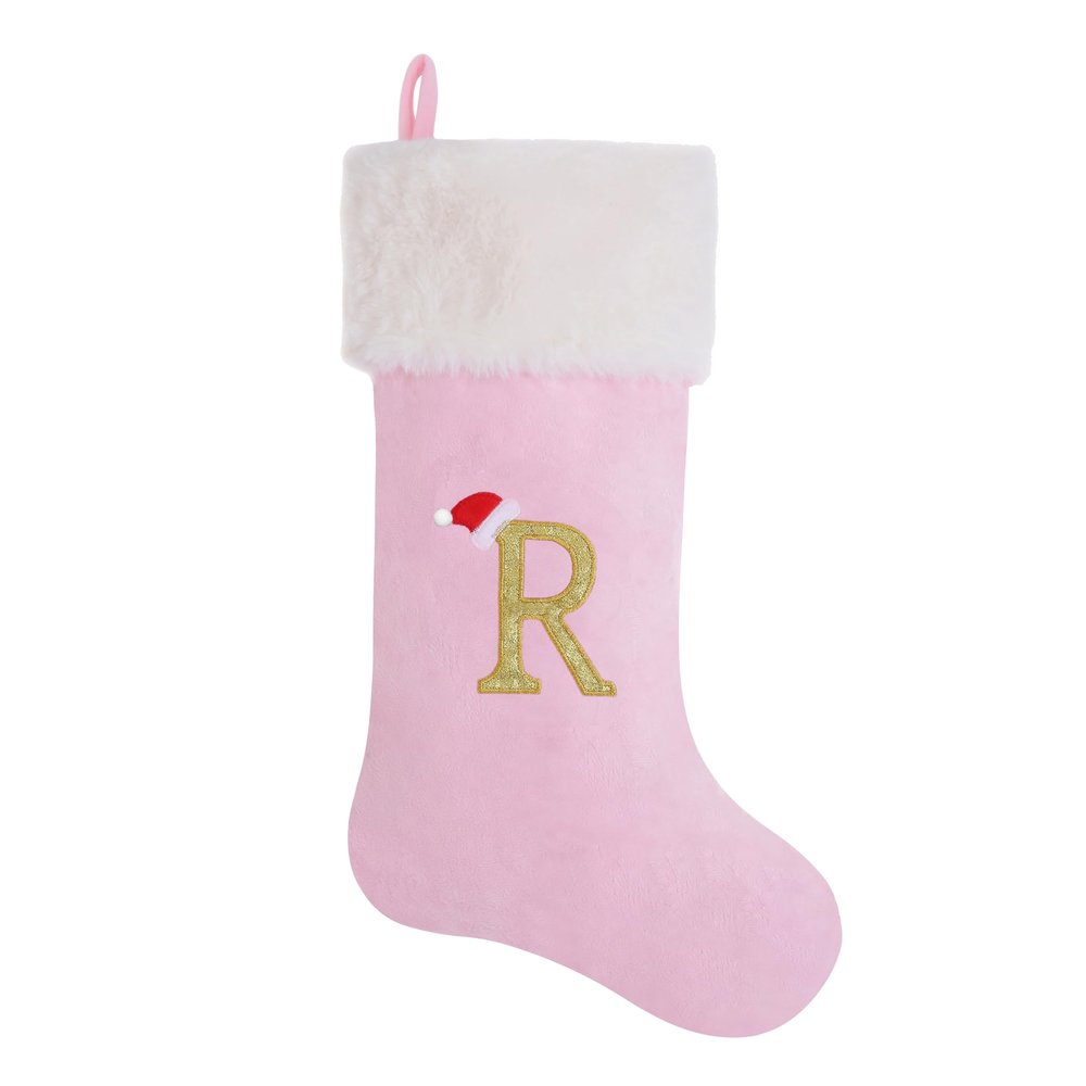 AUAWMLK 20-Inch Letter Embroidered Christmas Stocking Thick and Luxurious Pink Velvet with Super Soft Plush Cuff Personalized Festival Decoration for Xmas and New Year Party(Letter R)