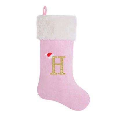 AUAWMLK 20-Inch Letter Embroidered Christmas Stocking Thick and Luxurious Pink Velvet with Super Soft Plush Cuff Personalized Festival Decoration for Xmas and New Year Party(Letter H)