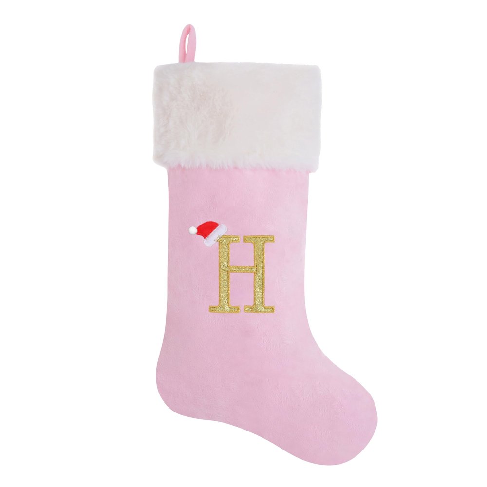 AUAWMLK 20-Inch Letter Embroidered Christmas Stocking Thick and Luxurious Pink Velvet with Super Soft Plush Cuff Personalized Festival Decoration for Xmas and New Year Party(Letter H)