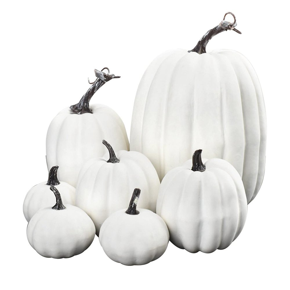 7Pcs Artificial Pumpkins Halloween Decoration Simulation Foam Pumpkins Decorative for Fall Halloween Thanksgiving Decor (White, One Size)
