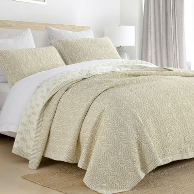 Finlonte Cotton Quilts Queen Size - 100% Cotton Queen Comforter Set, Botanical Quilt Bedding Set, Lightweight Reversible Soft Quilted Bedspread for Queen Bed, Oatmeal/White, All Season, 3 Pieces