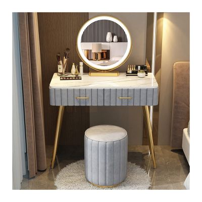 FEELIN Makeup Vanity Bedroom Dresser Simple Marble Countertop Dresser Makeup Table Makeup Mirror Stool Makeup Table Set Vanity Desk with Mirror and Lights (Color : Gray Round Stool, Size : 80cm)