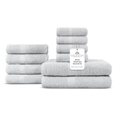 Villa Celestia 100% Cotton Bath Towel Set of 10-2 Bath Towels, 4 Hand Towels, 4 Wash Cloths, Sustainable, Soft, Highly Absorbent, Combed Cotton 10 Piece Set for Hotels, Spa, Bathroom, Dorm, Silver