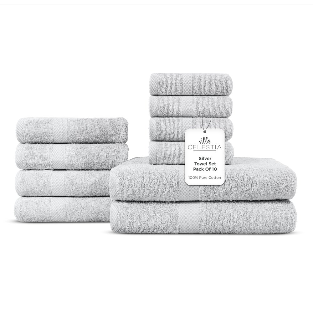 Villa Celestia 100% Cotton Bath Towel Set of 10-2 Bath Towels, 4 Hand Towels, 4 Wash Cloths, Sustainable, Soft, Highly Absorbent, Combed Cotton 10 Piece Set for Hotels, Spa, Bathroom, Dorm, Silver