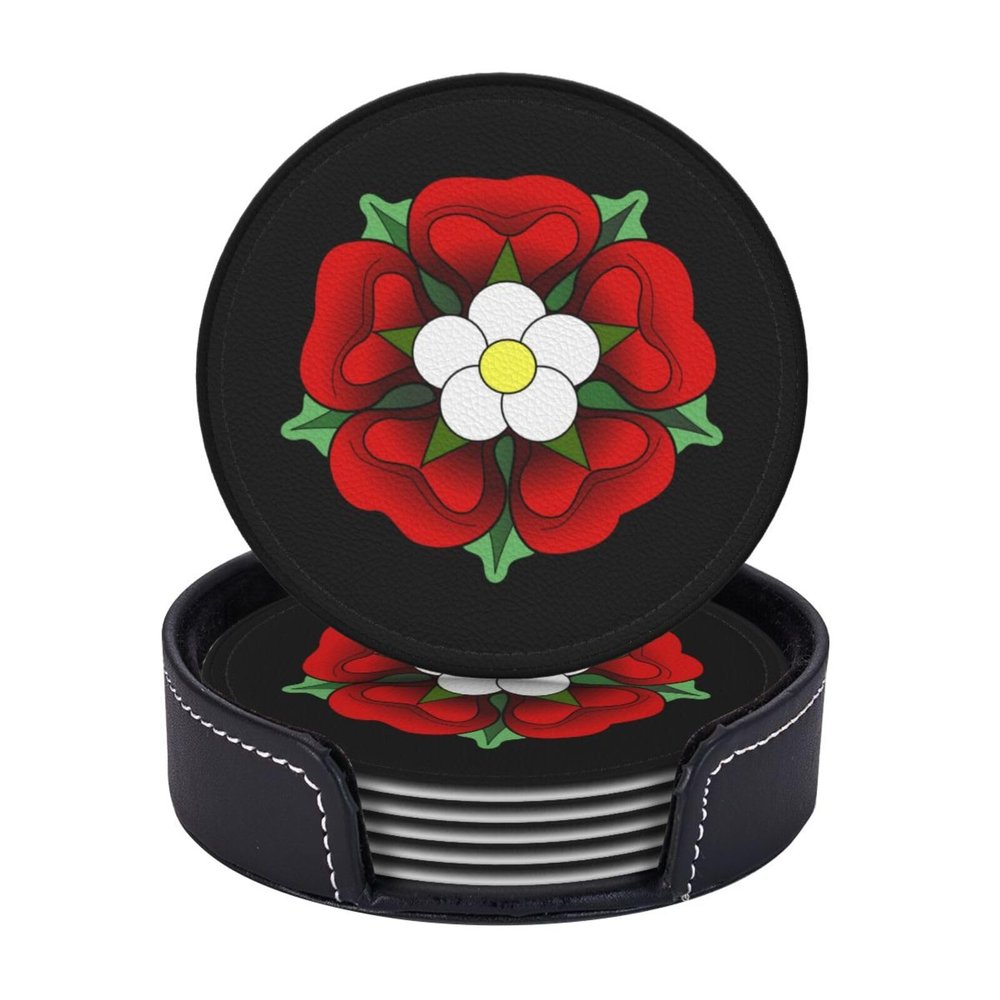 Anne Boleyn Tudor Rose Funny Coasters Profile Novelty Leather Coaster Set - 6 Pcs Leather Coasters with Holder for Home Decor and Office