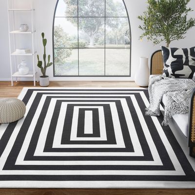 Abani Parker Collection Area Rug -Cream/Black Rectangles Design -4' x 6' - Easy to Clean - Durable for Kids and Pets - Non-Shedding - Machine Washable - for Living Room, Bedroom & Office