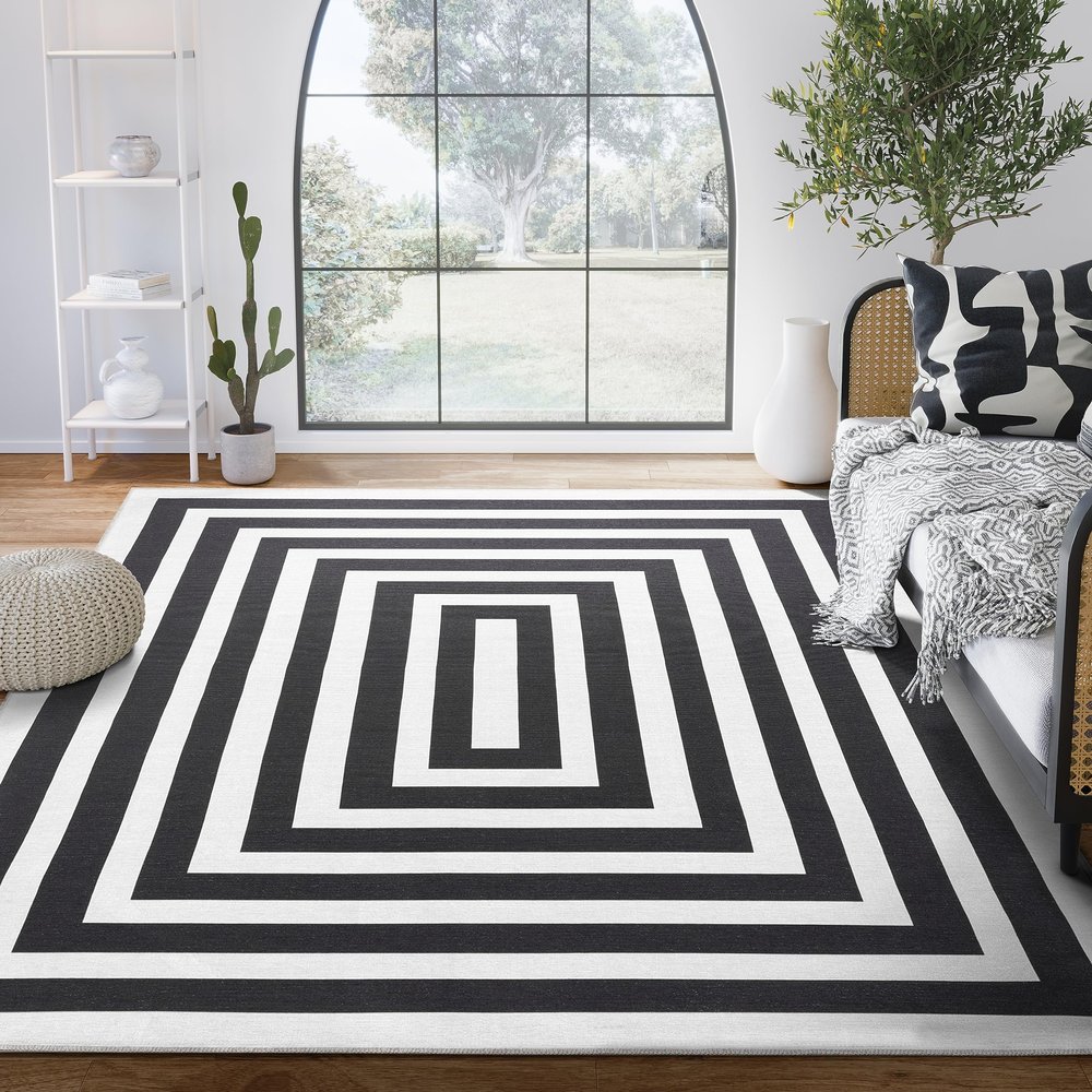 Abani Parker Collection Area Rug -Cream/Black Rectangles Design -4' x 6' - Easy to Clean - Durable for Kids and Pets - Non-Shedding - Machine Washable - for Living Room, Bedroom & Office