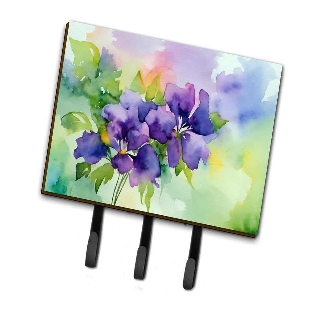 Caroline's Treasures New Jersey Violet in Watercolor Leash or Key Holder Wall Hooks, Key Hooks Holder, Coat Rack Wall Mount, Coat Hooks, Hooks for Hanging Keys, Towels, Aprons, Leashes