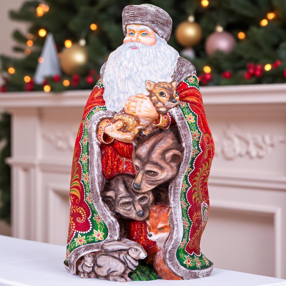 TYCHEART STUDIO Wooden Hand Carved Santa Claus & Forest Animals Figurine 14"-Hand Painted Merry Christmas Home Decoration - Funny Made in Ukraine