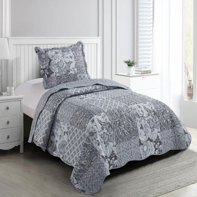 Brilliant Sunshine Grey Flowers Patchwork, 2-Piece Quilt Set with 1 Sham, Reversible Bedspread, Soft Lightweight Coverlet, All-Season, Twin, Grey