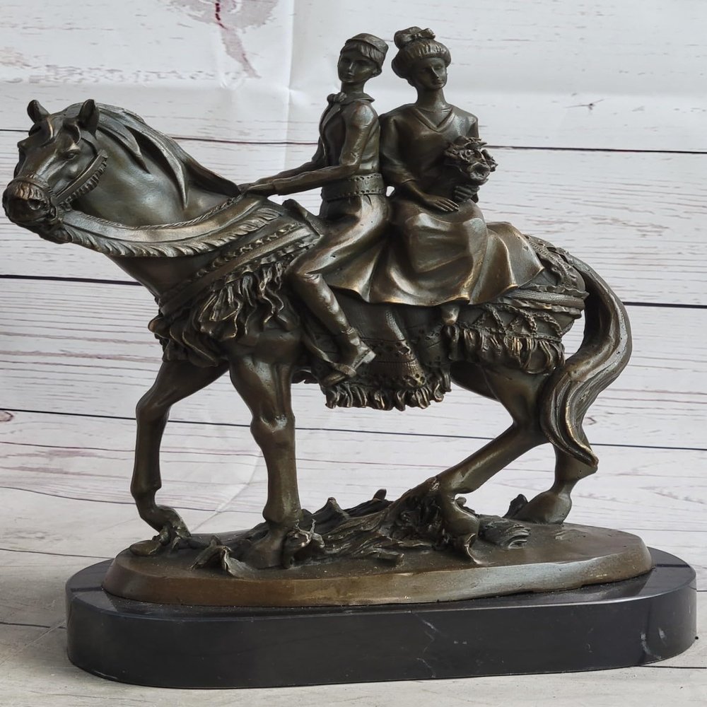 Timeless Love: Milo`s Solid Bronze Sculpture Bride and Groom on Horse Back - Wedding Decor Decorative Gift Home Sale by Exotic Bronze