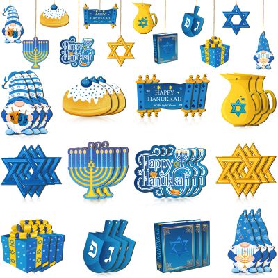 Qunclay 36 Pcs Hanukkah Ornaments Chanukah Wooden Hanging Ornament Star of David Menorah Gnome Happy Hanukkah Wood Pendant Blue Yellow Jewish Home Decorations for Christmas Tree Party Decor