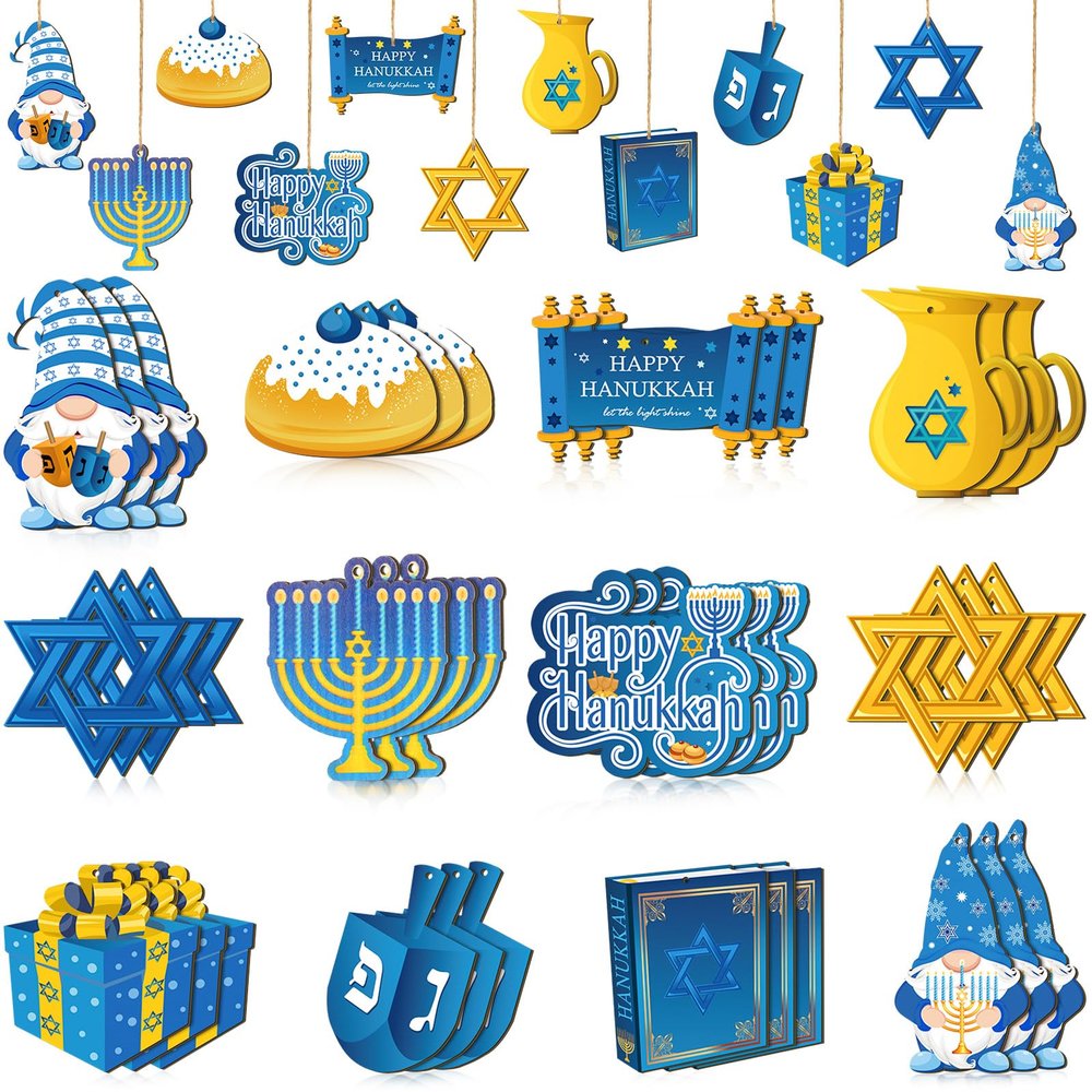 Qunclay 36 Pcs Hanukkah Ornaments Chanukah Wooden Hanging Ornament Star of David Menorah Gnome Happy Hanukkah Wood Pendant Blue Yellow Jewish Home Decorations for Christmas Tree Party Decor