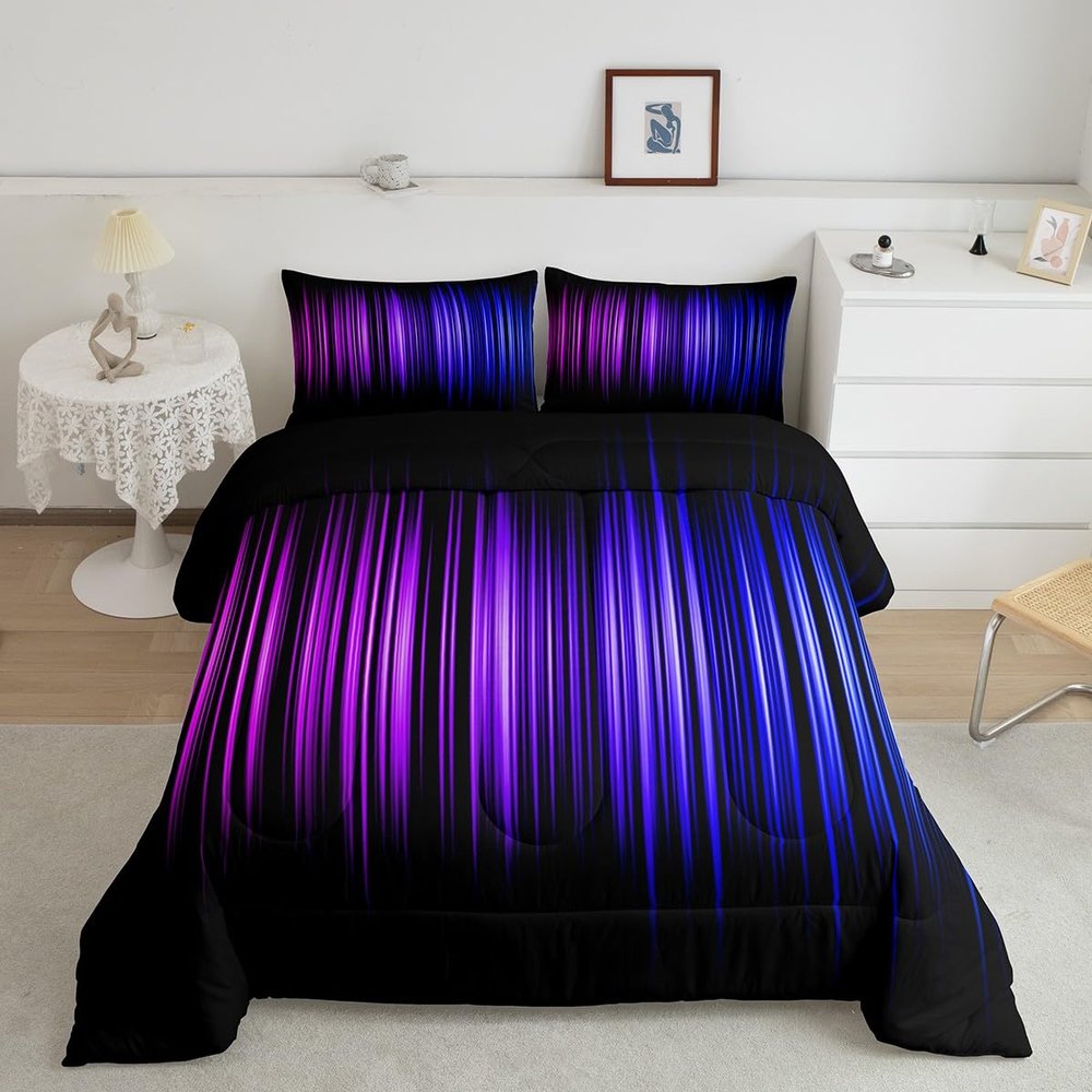 Feelyou Geometric Abstract Ombre Comforter Set Full Size, Purple Blue and Black Bedding Set for Boys Girls Ombre Gradient Lines Comforter Abstract Duvet Set Kids Room Decor Microfiber Bed Set
