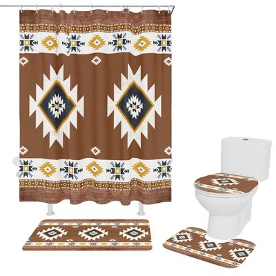 ARTSHOWING Bohemian 4 Pcs Bathroom Shower Curtain Sets, Shower Curtain Toilet Mat Lid Rug Curtain Sets, Shower Curtains with 12 Hooks, Southwest Tribal Retro Totem Texture
