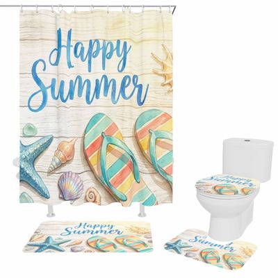 ARTSHOWING Happy Summer Shower Curtain Set with Non-Slip Rug Toilet Lid Cover Bath Mat, Waterproof Bath Curtain with Hooks 66"x72", Slippers Starfish Shells on Wooden Planks