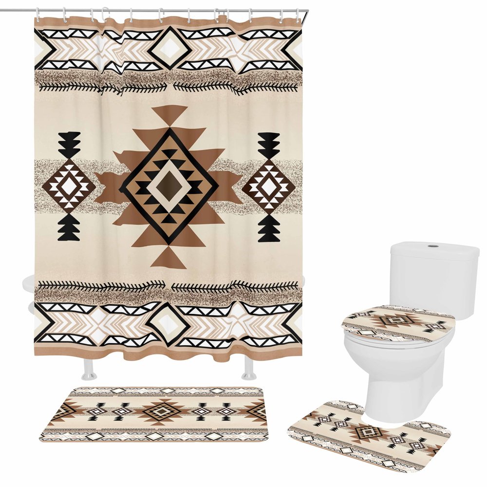 ARTSHOWING Southwest America Aboriginal Shower Curtain Set with Non-Slip Rug Toilet Lid Cover Bath Mat, Waterproof Bath Curtain with Hooks 36"x72", Indian Style Pattern