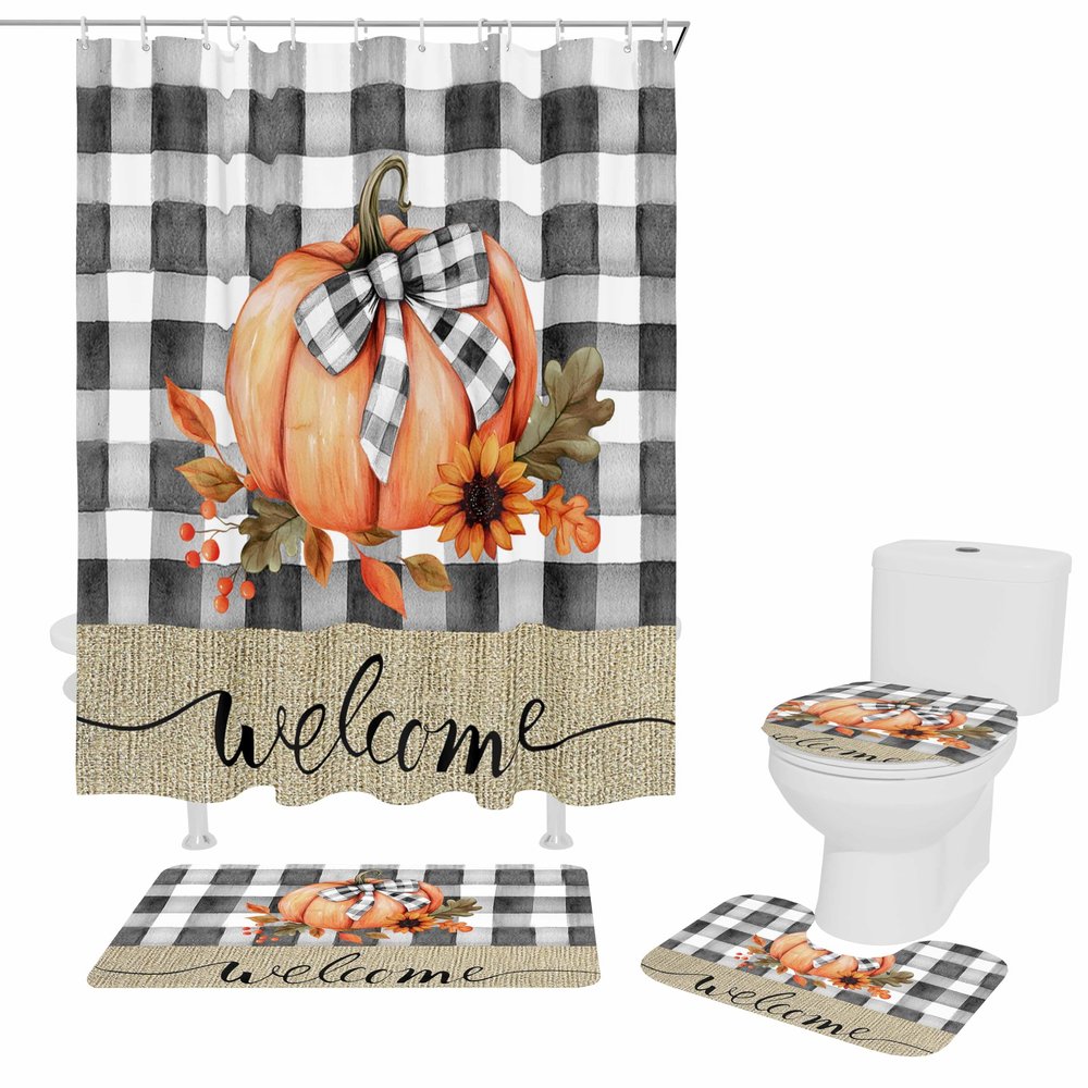 ARTSHOWING Welcome Thanksgiving 4 Pcs Bathroom Shower Curtain Sets, Shower Curtain Toilet Mat Lid Rug Curtain Sets, Shower Curtains with 12 Hooks, Orange Pumpkin Balck and White Plaid