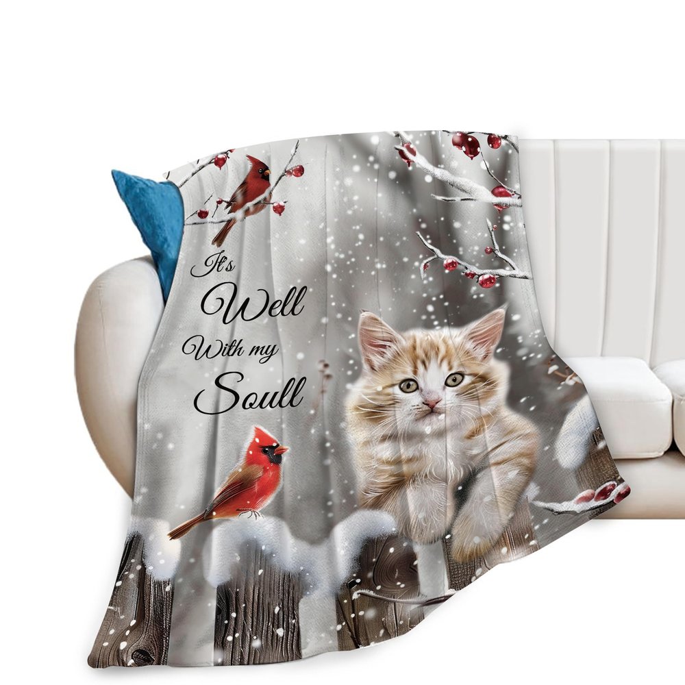 Cardinal Cat Blanket Christmas Decor Throw Blankets Cozy Fleece Flannel Soft Warm Plush Lightweight Bedding Blanket Cat Gifts for Women Cats Lover Men Adults Girls Boys for Couch Sofa Bed 60"X80"