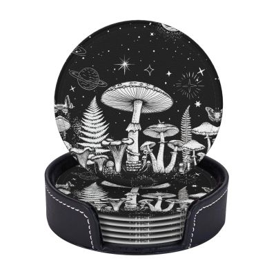Black White Mushroom Drinking Coasters PU Leather Coaster With Holder Coasters For Coffee Table Kitchen Table Bar, Home & Office Gifts, 6pcs