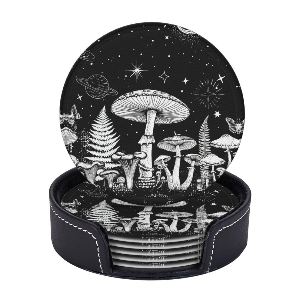 Black White Mushroom Drinking Coasters PU Leather Coaster With Holder Coasters For Coffee Table Kitchen Table Bar, Home & Office Gifts, 6pcs
