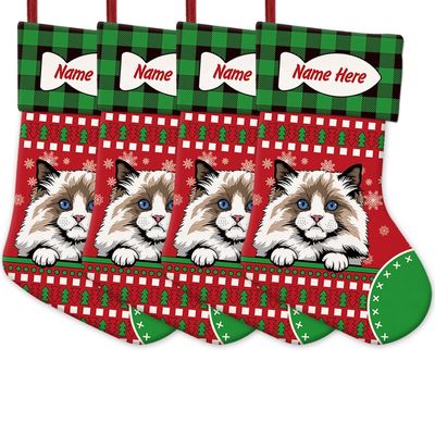 MALIHONG 4 Pack Personalized Merry Christmas Cat Stockings Ragdoll Cat Christmas Tree Hanging Stocking Green Buffalo Plaid Snowflake Xmas Holiday for Cat Lovers Gift 14.4 Inch