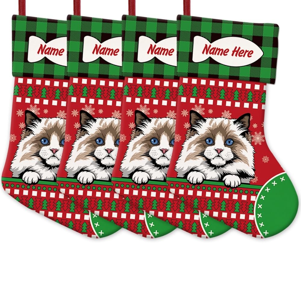 MALIHONG 4 Pack Personalized Merry Christmas Cat Stockings Ragdoll Cat Christmas Tree Hanging Stocking Green Buffalo Plaid Snowflake Xmas Holiday for Cat Lovers Gift 14.4 Inch