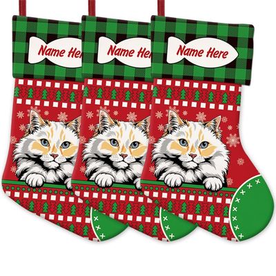 MALIHONG 3 Pack Personalized Merry Christmas Cat Stockings RaggaMuffin Cat Christmas Tree Hanging Stocking Green Buffalo Plaid Snowflake Xmas Holiday for Cat Lovers Gift 14.4 Inch