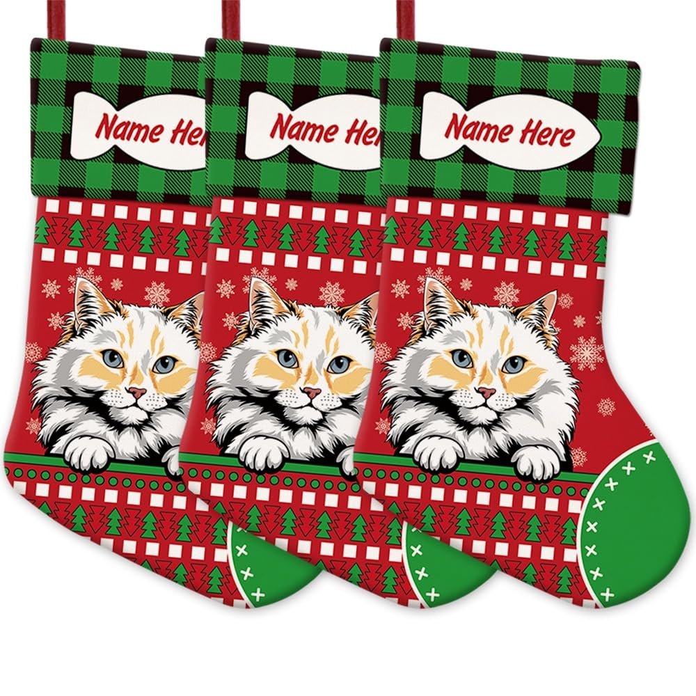 MALIHONG 3 Pack Personalized Merry Christmas Cat Stockings RaggaMuffin Cat Christmas Tree Hanging Stocking Green Buffalo Plaid Snowflake Xmas Holiday for Cat Lovers Gift 14.4 Inch