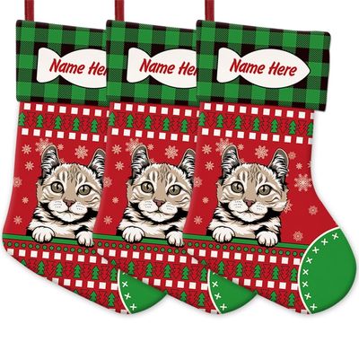 MALIHONG 3 Pack Personalized Merry Christmas Cat Stockings American Curl Cat Christmas Tree Hanging Stocking Green Buffalo Plaid Snowflake Xmas Holiday for Cat Lovers Gift 14.4 Inch