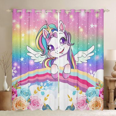 Castle Fairy Kawaii Unicorn Window Curtains Teens Adult Women,Cartoon Style Curtains for Bedroom,Rainbow Draperies for Living Room,Colorful Gradient Window Treatment Curtains Set of 2 Panels,52Wx63L