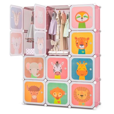 Costzon Kids Closet, Cartoon DIY Modular Dresser Storage Organizer with 12 Cubes & 2 Clothes Hanging Rack, Portable Armoire for Baby Toddlers, Kids Wardrobe for Bedroom Nursery (Pink)