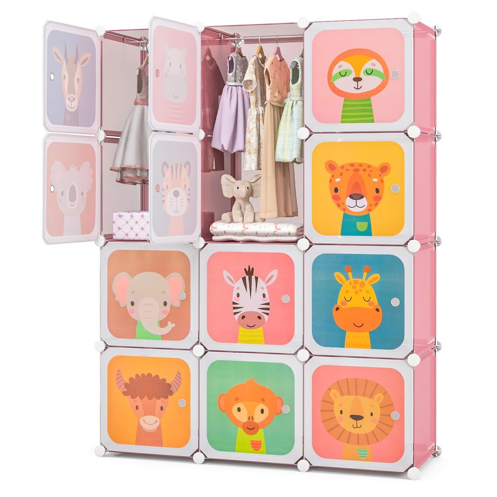 Costzon Kids Closet, Cartoon DIY Modular Dresser Storage Organizer with 12 Cubes & 2 Clothes Hanging Rack, Portable Armoire for Baby Toddlers, Kids Wardrobe for Bedroom Nursery (Pink)