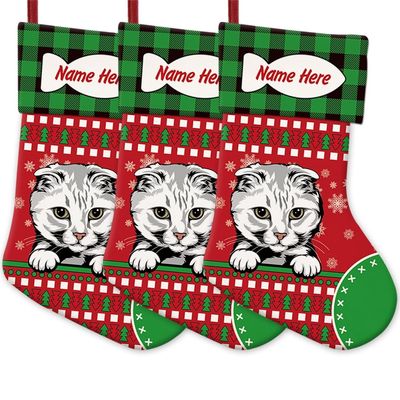 MALIHONG 3 Pack Personalized Merry Christmas Cat Stockings White and Grey Scotish Fold Cat Christmas Tree Hanging Stocking Green Buffalo Plaid Snowflake Xmas Holiday for Cat Lovers Gift 14.4 Inch