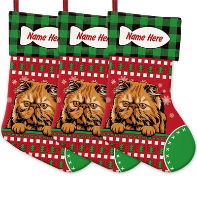 MALIHONG 3 Pack Personalized Merry Christmas Cat Stockings Persian Cat Christmas Tree Hanging Stocking Green Buffalo Plaid Snowflake Xmas Holiday for Cat Lovers Gift 14.4 Inch