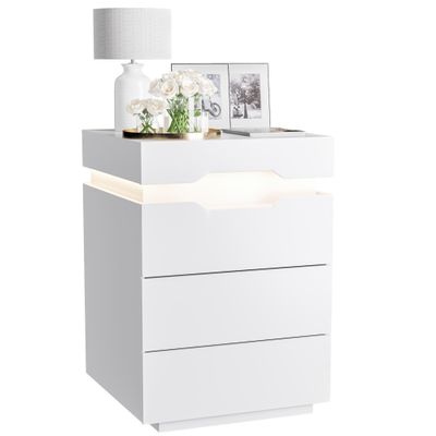 YESHOMY Nightstand with LED Light and Charging Station, Endtable with 3 Drawers, Bedside Table with Large Capacity, for Bedroom, 27.5" Height, White