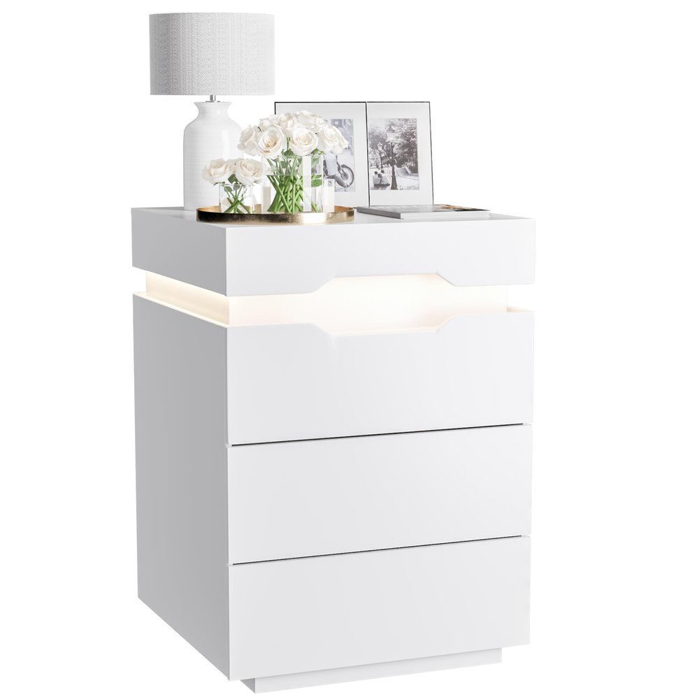 YESHOMY Nightstand with LED Light and Charging Station, Endtable with 3 Drawers, Bedside Table with Large Capacity, for Bedroom, 27.5" Height, White