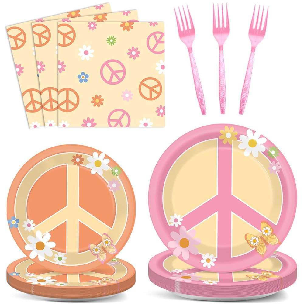 96 Pcs Groovy Birthday Party Supplies for 24 Guests Hippie Peace Sign Tableware Plates Napkins 60's 70's Two Groovy Retro Dinnerware Table Decorations Hippie Party Favor for Birthday Baby Shower Decor