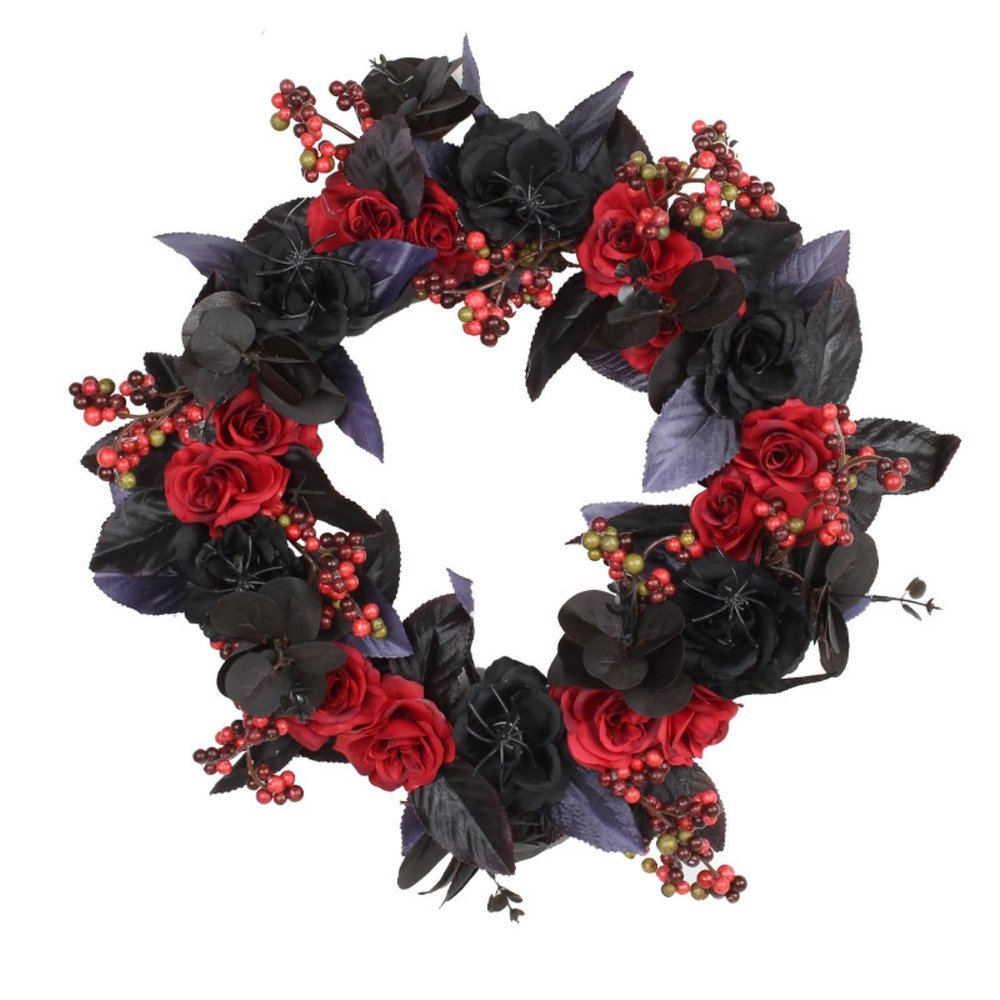 PBENO Front Door Decor Wreath Halloween Black Red Fruit Rose Wreath Door Decoration Dead Branch Rattan Wreath Party Atmosphere Decoration