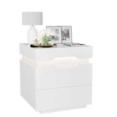 YESHOMY Nightstand with LED Light and Charging Station, Endtable with 2 Drawers, Bedside Table with Large Capacity, for Bedroom, 21.2" Height, White