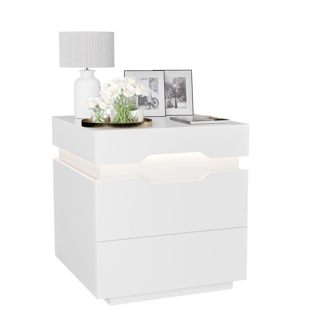 YESHOMY Nightstand with LED Light and Charging Station, Endtable with 2 Drawers, Bedside Table with Large Capacity, for Bedroom, 21.2" Height, White