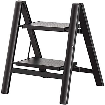 Step Stools,Step Ladder, 2 Step Aluminium Folding Ladder, Oversized Pedals, Portable Slim Step Stool, Safety Household Ladder Stepladder (Color : Black)