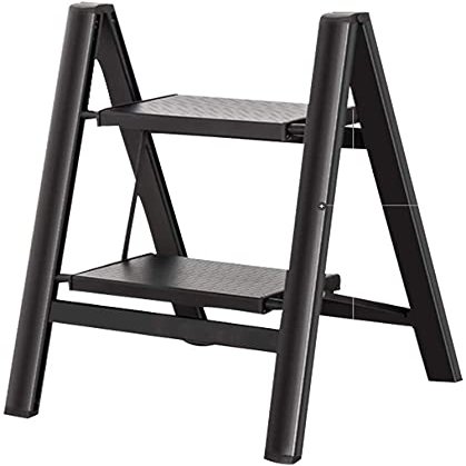 Step Stools,Step Ladder, 2 Step Aluminium Folding Ladder, Oversized Pedals, Portable Slim Step Stool, Safety Household Ladder Stepladder (Color : Black)