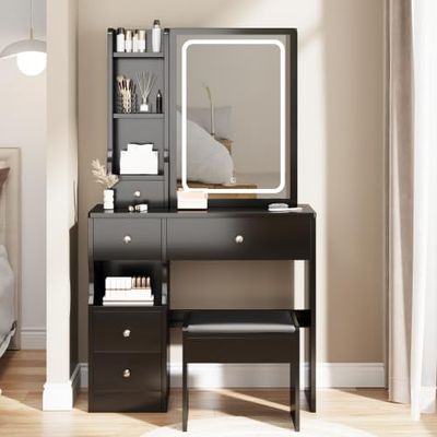 anwickjeff Makeup Vanity Table Set with Mirror & Lights, LED Black Vanity Desk with Cushioned Stool, 6 Drawers 2 Storage Shelves, Modern Dressing Table Dresser Vanity Desk for Women, Girls,(Black)