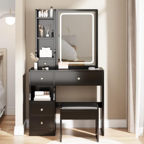 anwickjeff Makeup Vanity Table Set with Mirror & Lights, LED Black Vanity Desk with Cushioned Stool, 6 Drawers 2 Storage Shelves, Modern Dressing Table Dresser Vanity Desk for Women, Girls,(Black)