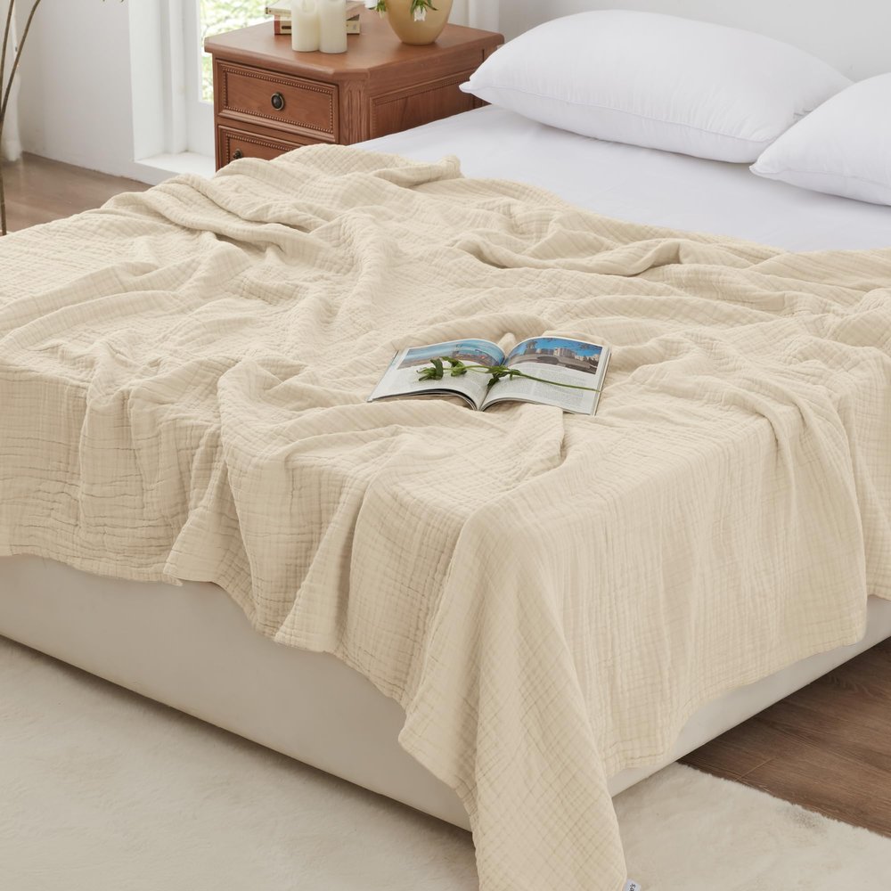 Love's cabin 6 Layer 100% Cotton Muslin Blanket, 90"x90" Muslin Blanket Queen for Couch Bed, Lightweight and Breathable Cotton Gauze for Adult, Beige